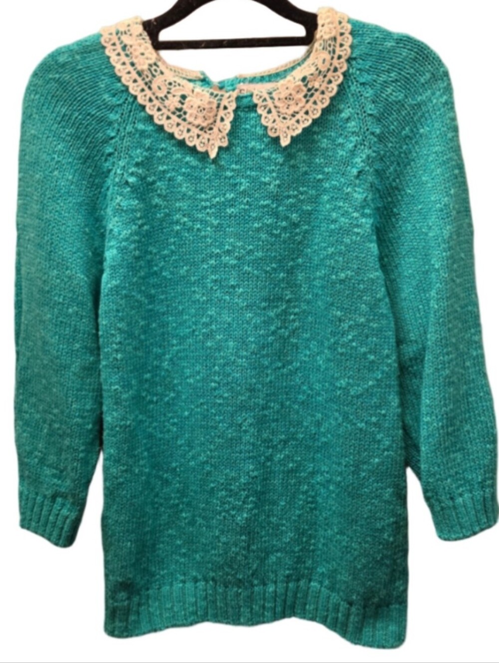 Vintage SML Sport Turquoise Linen Ramie Knit Lace Collar Sweater M